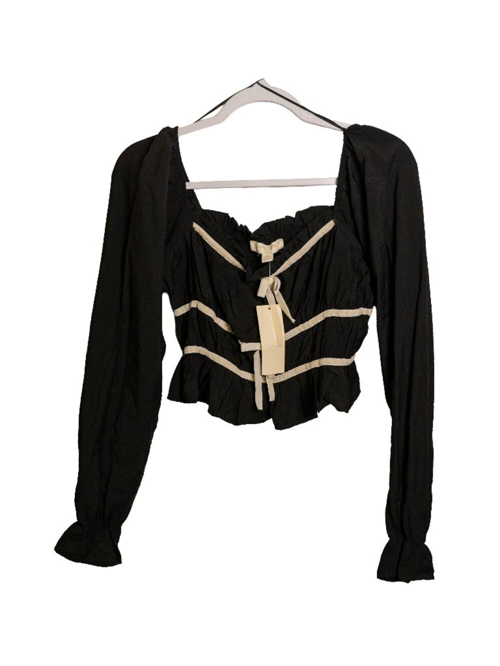 NWT Thirty/Thirty Black & Ivory Peasant Long Sleeve Crop Top - Medium